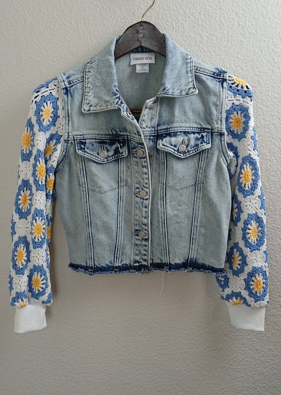 Tween Diva Girls 7 Open Stitch Denim Jacket with Crochet Sleeves E434305